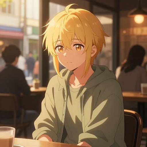 Digital anime-style drawing of a blonde-haired, yellow-eyed boy in a green hoodie, sitting in a sunlit café with blurred background.