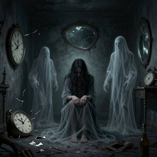 Digital artwork of a dark, eerie room featuring a ghostly figure with long hair, seated center, surrounded by three translucent ghosts and four stopped clocks,