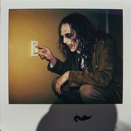 Photograph of a pale, dark-haired man in a brown jacket, crouching and pointing at a light switch with a sinister grin. Polaroid