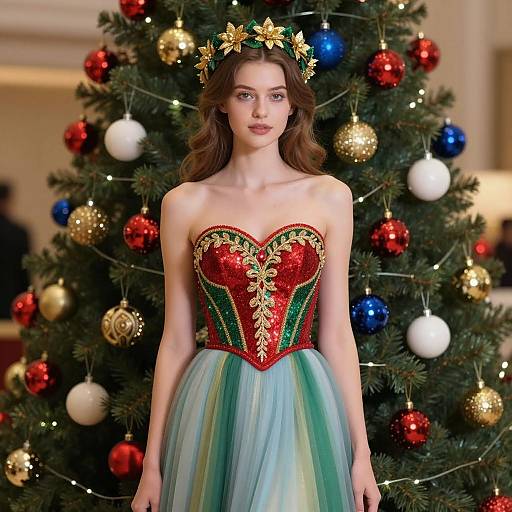 Young Woman in Festive Dress by Christmas Tree