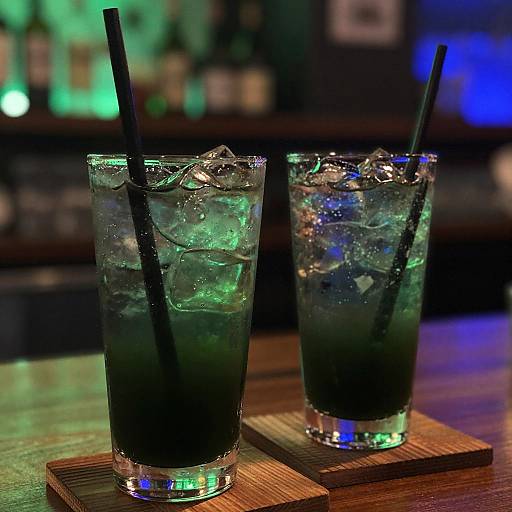 Photograph of two tall, green gradient cocktails with ice, black straws, on wooden coasters, in a dimly lit bar with colorful blurred