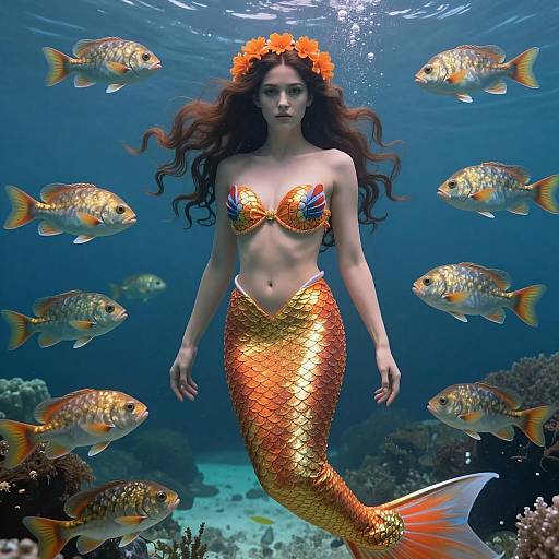 Underwater Woman in Orange Gold Mermaid Costume