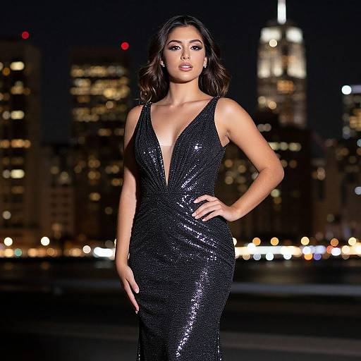 Photograph of a confident woman with wavy dark hair wearing a sparkling black deep V-neck sequin dress, standing against a nighttime cityscape with illuminated