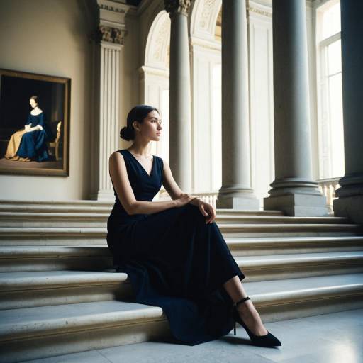 Elegant woman sitting on marble steps in classical building