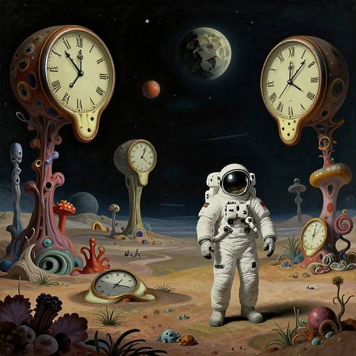 Digital artwork of a lone astronaut in a white spacesuit standing on a surreal, clock-filled lunar landscape under a moonlit sky.