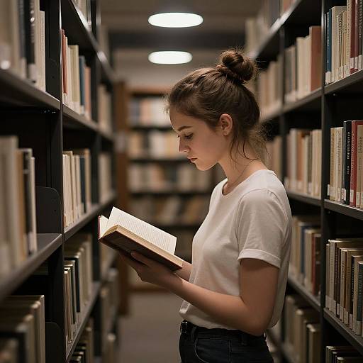 Photograph of a young woman with brown hair in a bun, wearing a white t-shirt, reading a book in a dimly lit library aisle with
