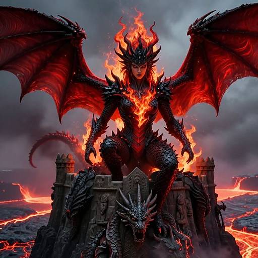Digital artwork of a fierce, black-scaled dragon queen with glowing red wings and flames, sitting on a volcanic castle with lava flows. Dark, storm