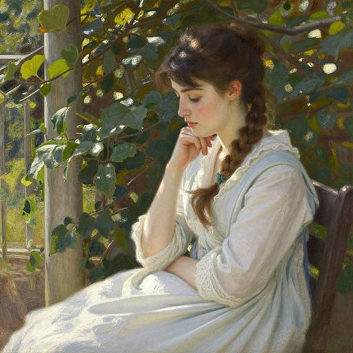 Digital painting of a young woman with braided brown hair, wearing a white, lace-trimmed dress, sitting in a sunlit garden, lost