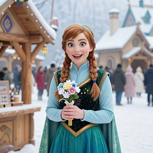 Digital illustration of a smiling, wide-eyed, red-haired girl in a blue dress and green cape holding a flower bouquet in a snowy, festive village market
