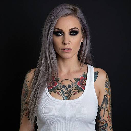 Photograph of a tattooed woman with long gray hair, wearing a white tank top, showcasing skull and rose tattoos, black background, intense dark eye