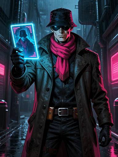 Futuristic Bounty Hunter in Rainy Alley