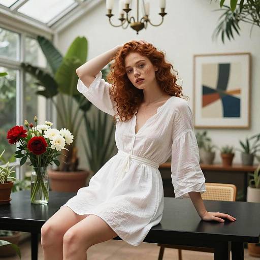 Photograph of a red-haired woman with curly hair, wearing a white, V-neck, long-sleeve dress, sitting on a black table in