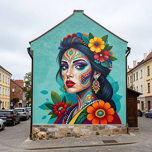 Vibrant street art mural of a stylized woman with colorful face paint, flower crown, and large flowers on a blue building. Urban European street