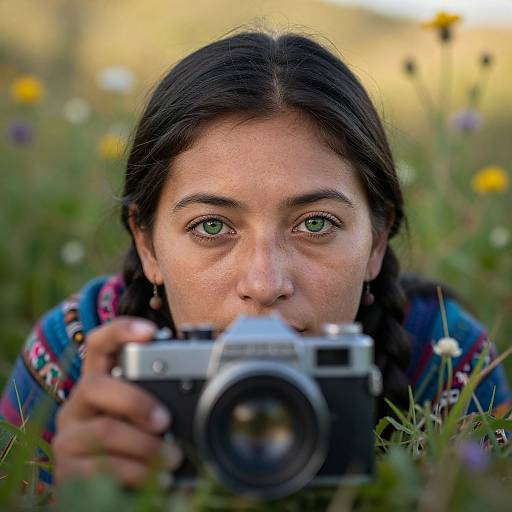 Photograph of a young woman with green eyes and dark hair in braids, holding a vintage camera, taking a photo in a sunlit meadow