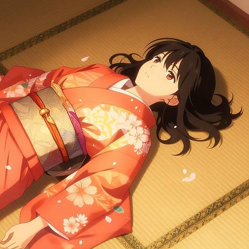 Anime Girl on Tatami in Kimono