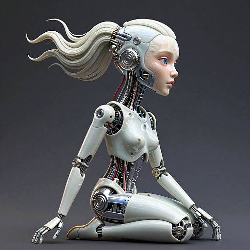 Digital CGI of a white-haired, blue-eyed, female humanoid robot in profile, kneeling, with exposed mechanical joints and wires against a dark gradient background.