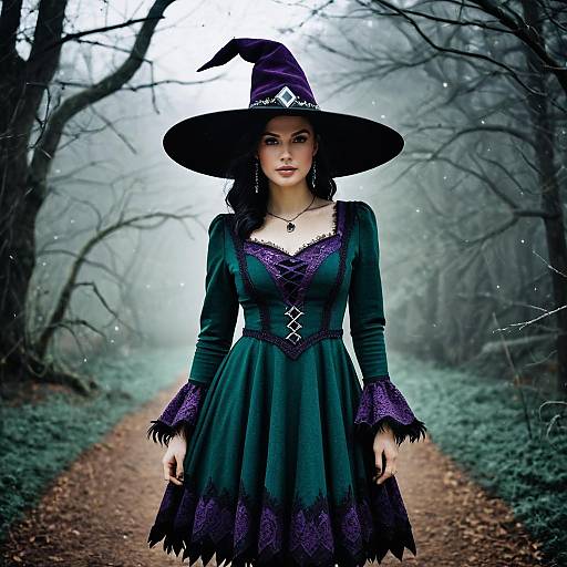 Woman in Witch Costume in Foggy Forest
