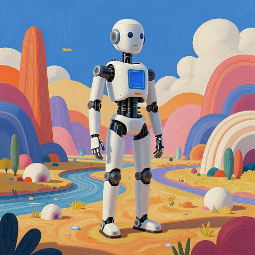 Colorful digital illustration of a white, humanoid robot with blue chest panel, standing in a surreal desert landscape with rainbow hills, cacti, and