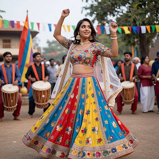 Photograph of a smiling Indian woman in a vibrant, traditional lehenga choli with colorful floral embroidery, dancing outdoors with drummers and colorful flags in