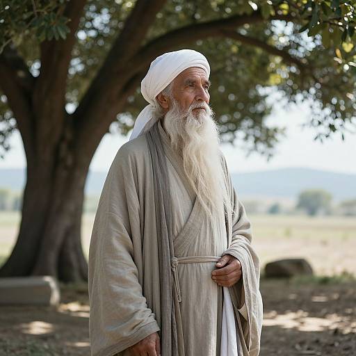 Photograph of an elderly Middle Eastern man with a long white beard, wearing a white headscarf and beige robe, standing under a large tree in
