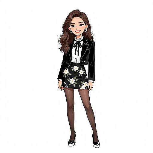 Digital anime-style illustration of a smiling woman with long brown hair, wearing a black blazer, white blouse, black floral skirt, black tights,