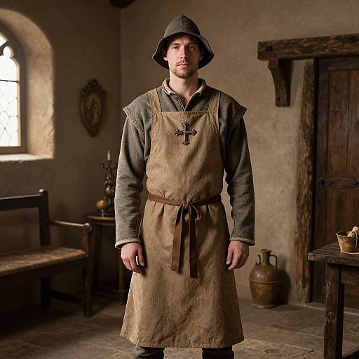 Photograph of a young man in medieval attire, including a brown apron, gray long-sleeve shirt, and bucket hat, standing in a