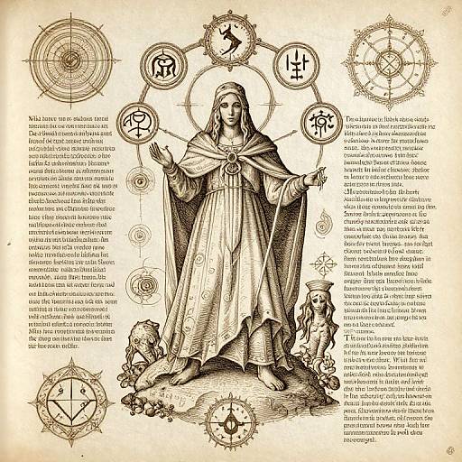 Ink drawing of a robed, haloed woman with outstretched arms, surrounded by mystical symbols and text, standing on a rocky base.