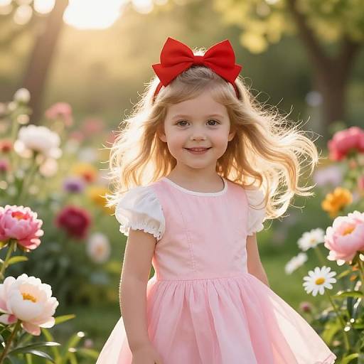 Photograph of a smiling young girl with blonde hair, wearing a pink dress and large red bow, standing in a sunlit garden filled with colorful flowers