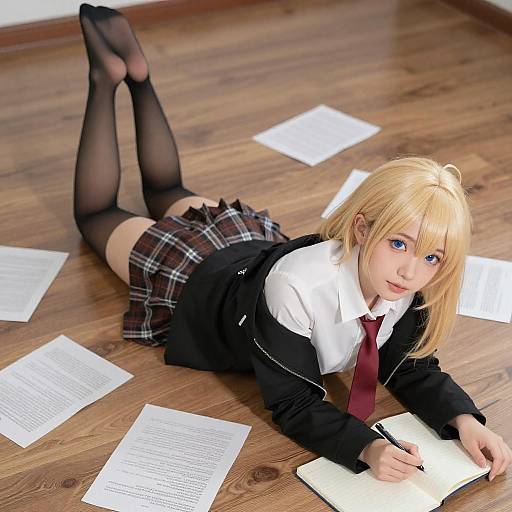 Blonde Anime Girl Studying Pose