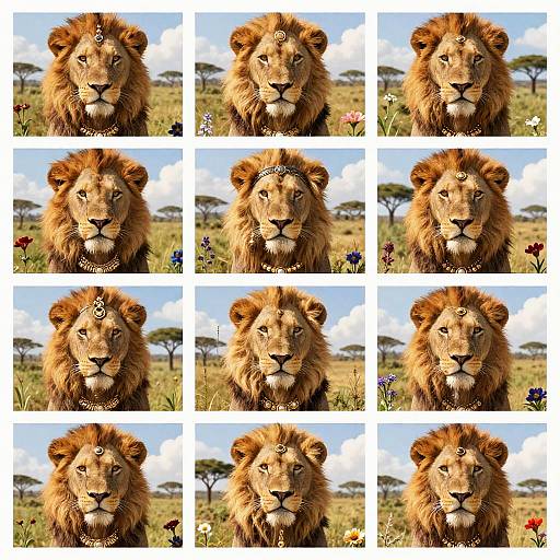 Photographic collage of a majestic male lion with a golden mane, centered in a savanna with acacia trees and colorful flowers, displayed in a 