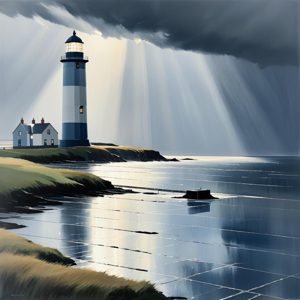 Solitary Lighthouse in Rainy Landscape