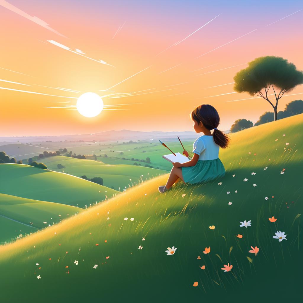 Serene Sunset Painting with a Little Girl