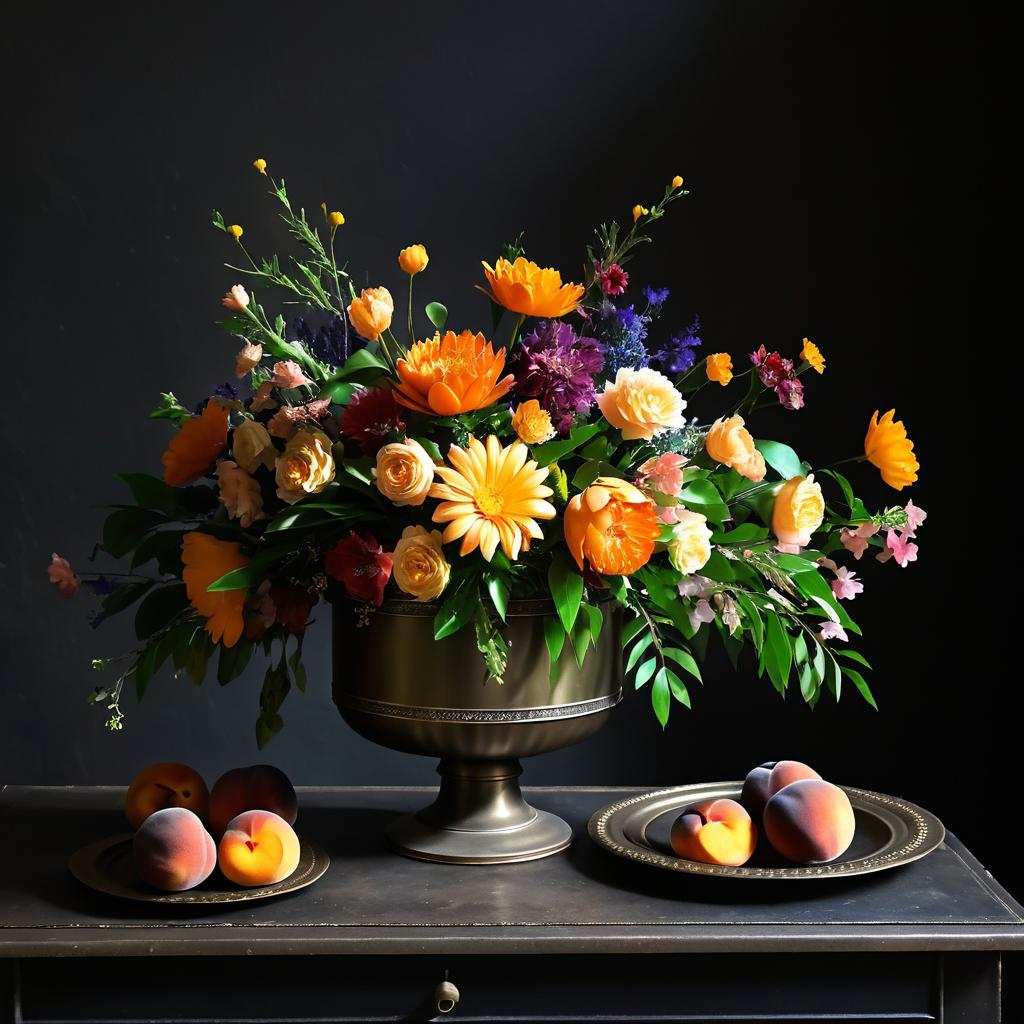 Floral Container and Peaches in Low Light