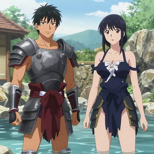 Anime-style drawing of a muscular man in medieval armor and a woman in a revealing black dress standing in a clear, rocky stream.