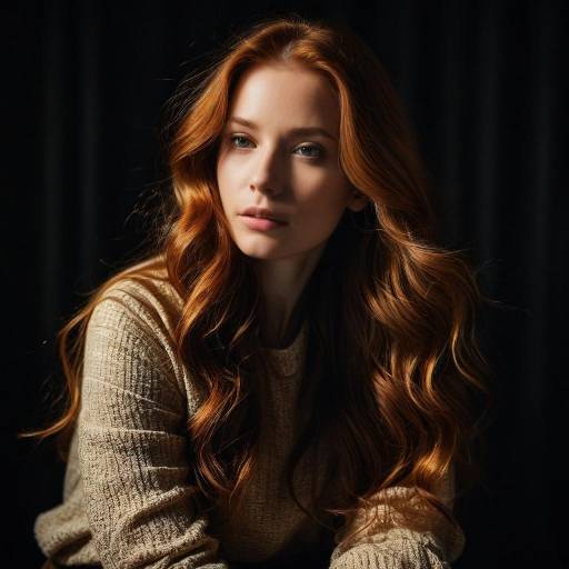 Redheaded Woman with Wavy Hair in Beige Sweater