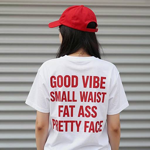 Woman Wearing Graphic Tee and Red Cap