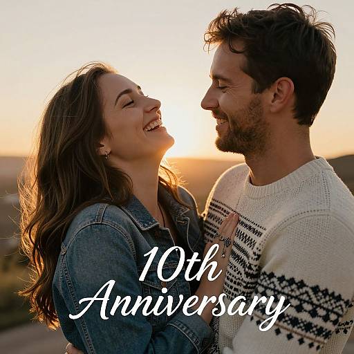 Photograph of smiling couple at sunset, woman in denim jacket, man in white sweater, text 
