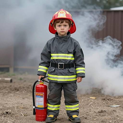 Child in Firefighter Costume Holding Fire Extinguisher