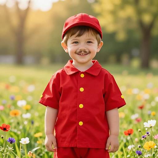 Photograph of a smiling young boy with fair skin, brown hair, wearing a red cap and matching red shirt and pants, standing in a sunlit