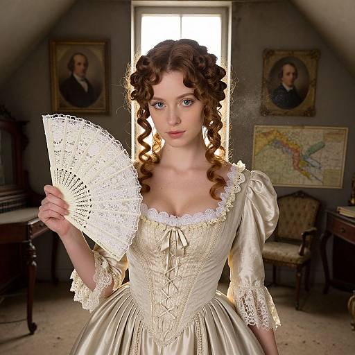 Photograph of a pale-skinned woman with curly brown hair, wearing an 18th-century cream satin gown with lace, holding a lace fan,