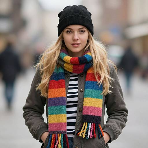 Photograph of a blonde woman with long hair, wearing a black beanie, multicolored striped scarf, and dark coat, standing in a blurred