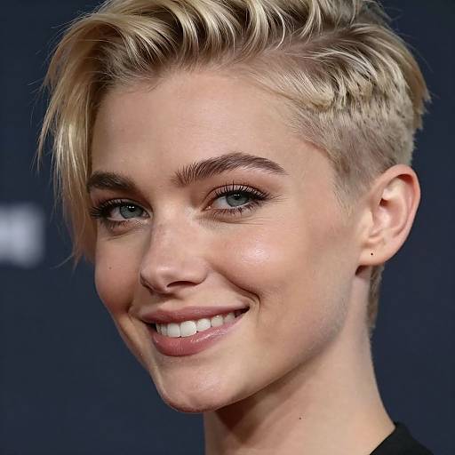 Close-up photograph of a smiling blonde woman with short, spiked hair, fair skin, blue eyes, and black eyeliner, against a dark background.