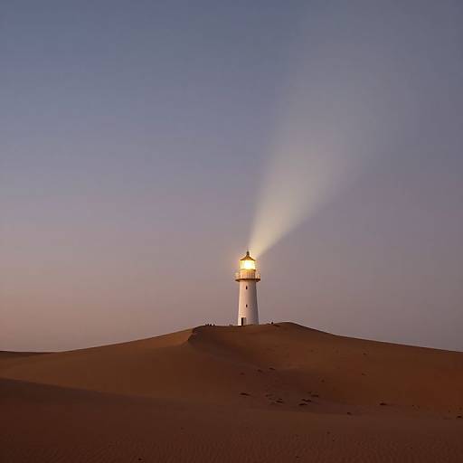 Photograph of a white lighthouse with a glowing light beam, standing on a sandy dune under a gradient blue-purple evening sky.