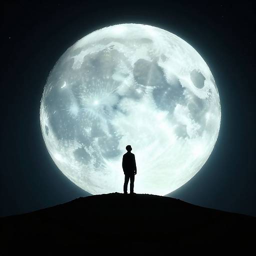 Silhouetted person stands on hill, gazing at enormous, glowing full moon in dark night sky, digital art.