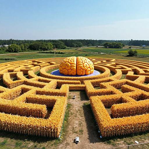 Photograph of a massive, intricate maze made of golden corn stalks, centered with a large, orange, textured dome, set in a lush,