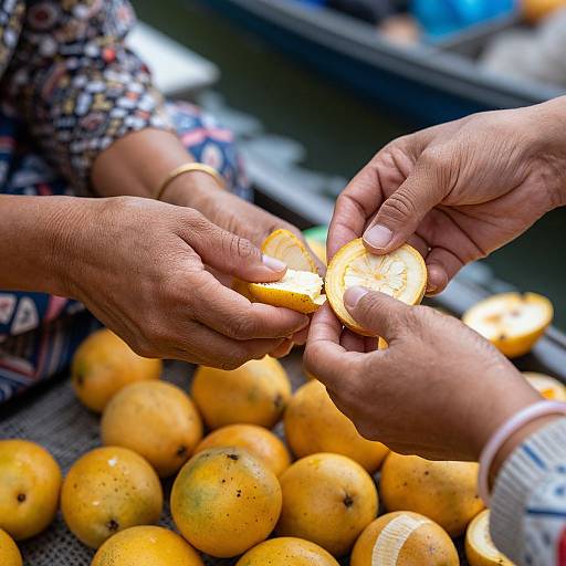 Photograph of two hands breaking a yellow orange over a pile of oranges in a market, highlighting the bright, juicy fruit.