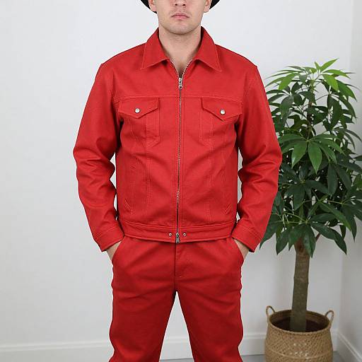 Photograph of a man in a bright red, zip-up, long-sleeve jacket and matching pants, standing with hands in pockets, in front