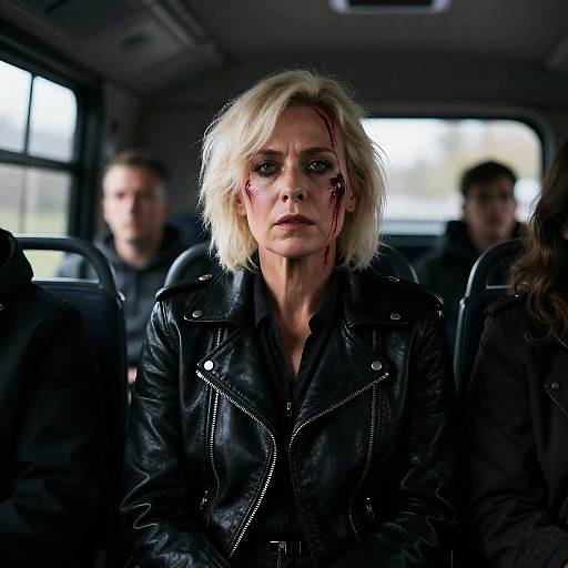 Injured Woman on Bus with Intense Expression