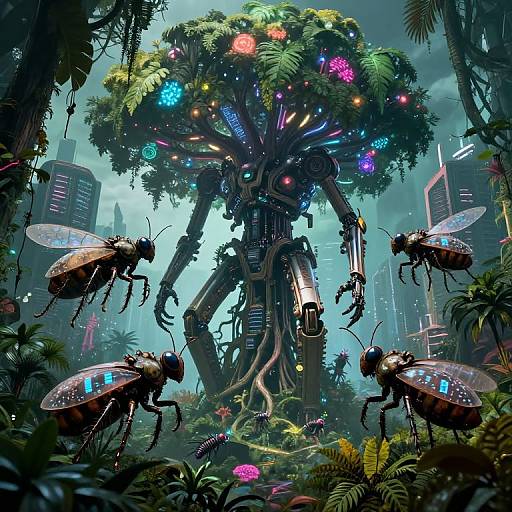 Digital artwork of a cybernetic tree creature with colorful lights, surrounded by glowing, robotic insects in a lush, futuristic jungle.
