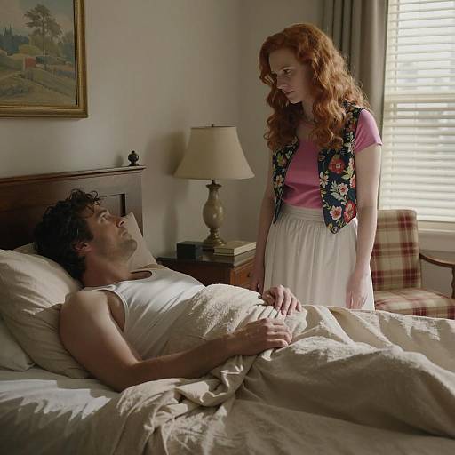 Man Lying in Bed with Woman Standing Beside Him